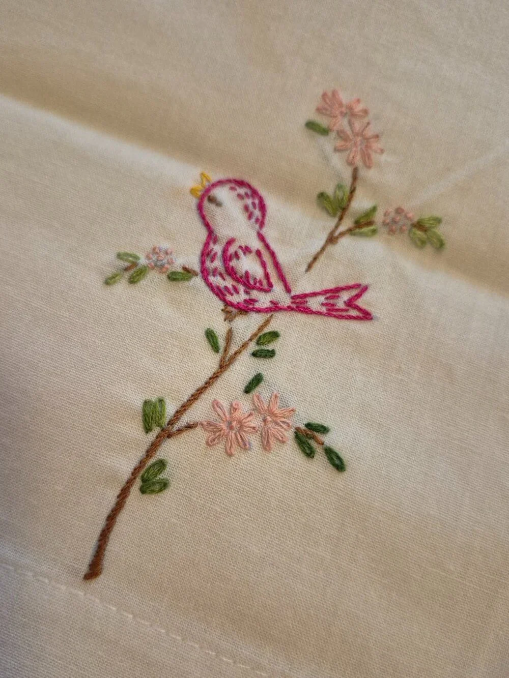 Vintage Embroidered Pillowcases Birds Flowers Standard Size Pair